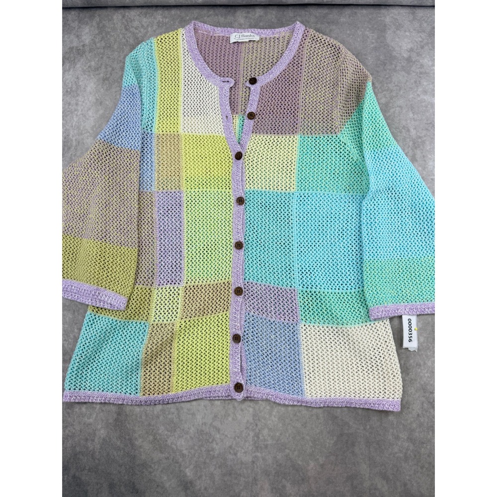 CJ Banks Pastel Patchwork Open Knit Cardigan Sweater Ramie Cotton Blend Womens